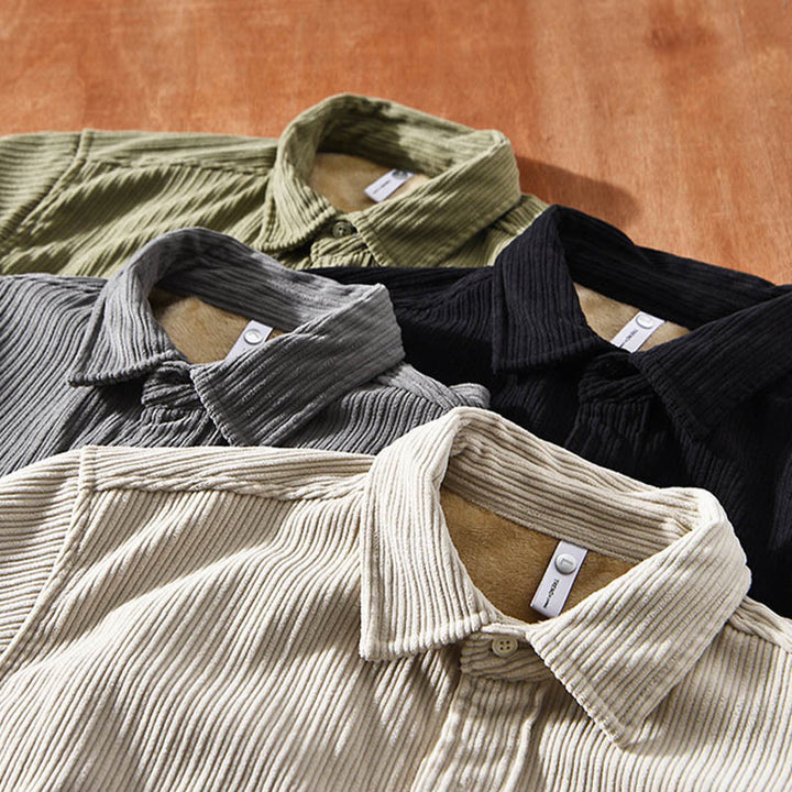 Camicia comoda in velluto a coste con fodera in pile a maniche lunghe da uomo Buddha Stones con tasca - image 1