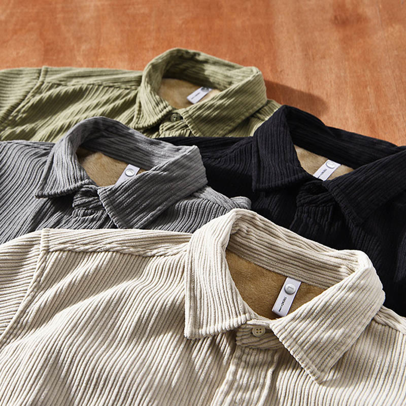 Camicia comoda in velluto a coste con fodera in pile a maniche lunghe da uomo Buddha Stones con tasca - image 1