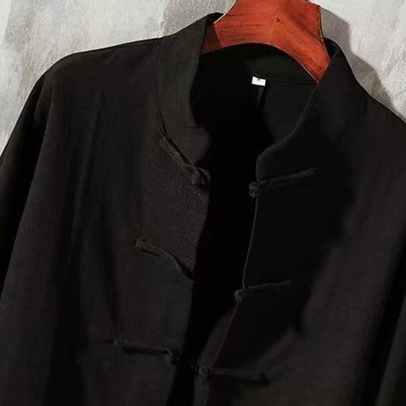 Camicia a maniche lunghe da uomo Buddha Stones Tang con bottone a rana e tasca, colletto alla coreana, comoda camicia in lino