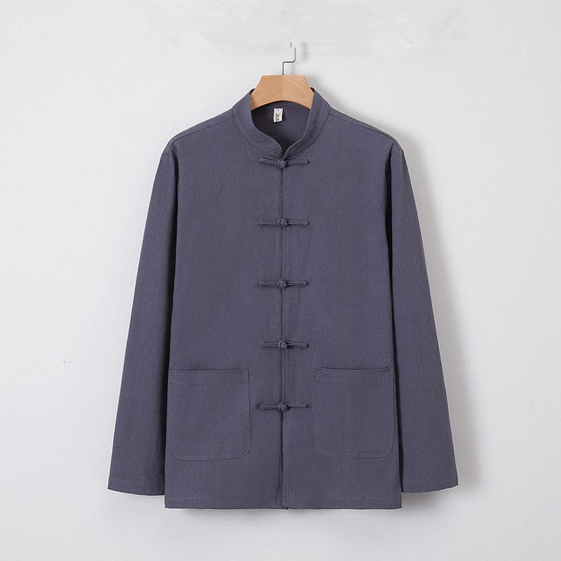 Camicia a maniche lunghe da uomo Buddha Stones Tang con bottone a rana e tasca, colletto alla coreana, comoda camicia in lino