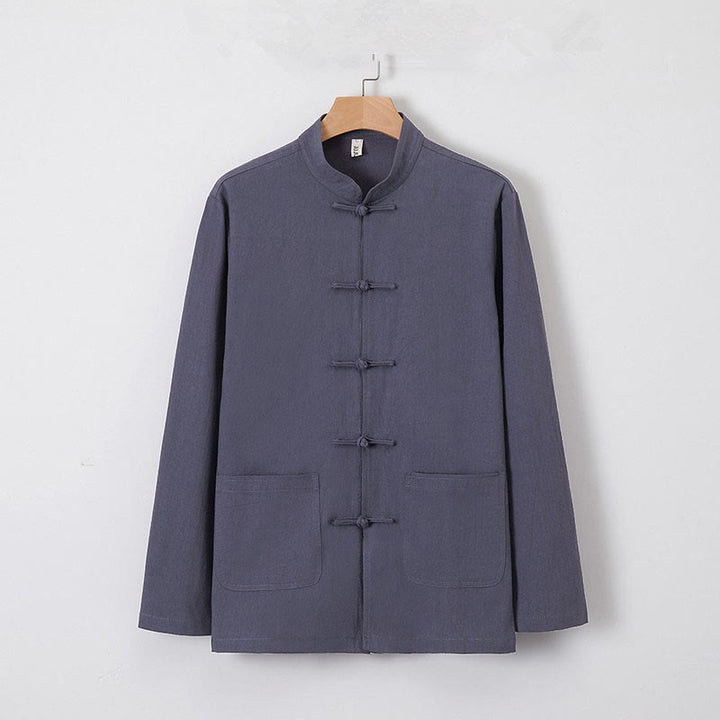 Camicia a maniche lunghe da uomo Buddha Stones Tang con bottone a rana e tasca, colletto alla coreana, comoda camicia in lino