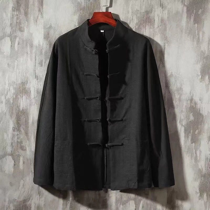 Camicia a maniche lunghe da uomo Buddha Stones Tang con bottone a rana e tasca, colletto alla coreana, comoda camicia in lino - Nero - US/UK/AU46, EU56 (5XL) - image 7