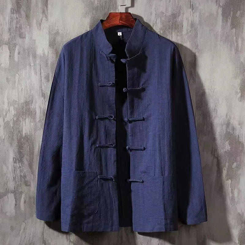 Camicia a maniche lunghe da uomo Buddha Stones Tang con bottone a rana e tasca, colletto alla coreana, comoda camicia in lino - Blu notte - US/UK/AU46, EU56 (5XL) - image 9