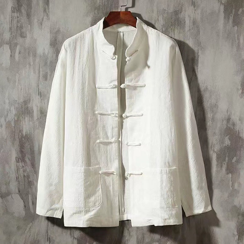 Camicia a maniche lunghe da uomo Buddha Stones Tang con bottone a rana e tasca, colletto alla coreana, comoda camicia in lino - Bianco - US/UK/AU46, EU56 (5XL) - image 1