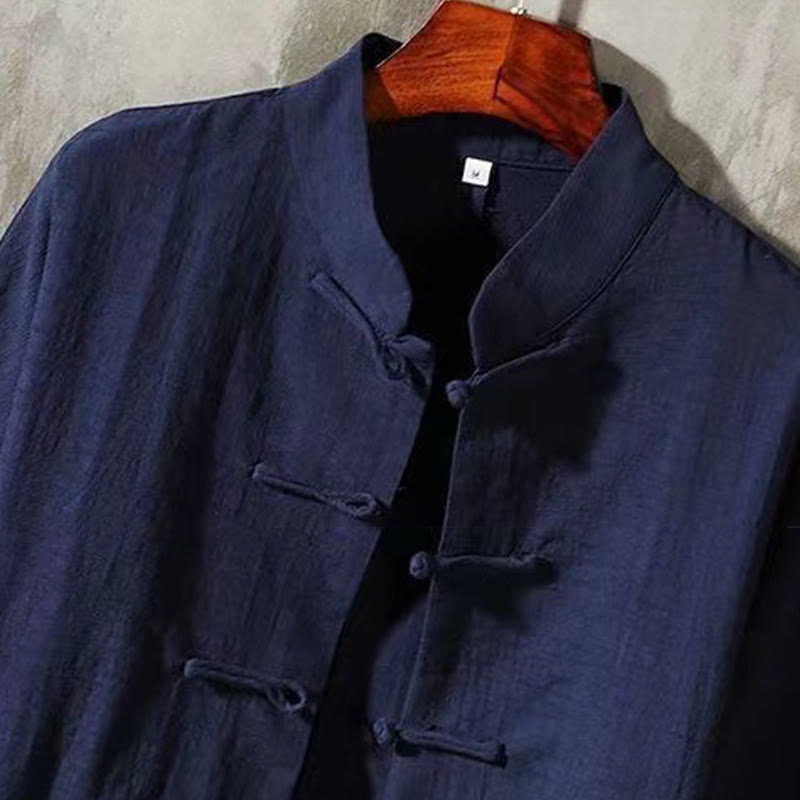 Camicia a maniche lunghe da uomo Buddha Stones Tang con bottone a rana e tasca, colletto alla coreana, comoda camicia in lino
