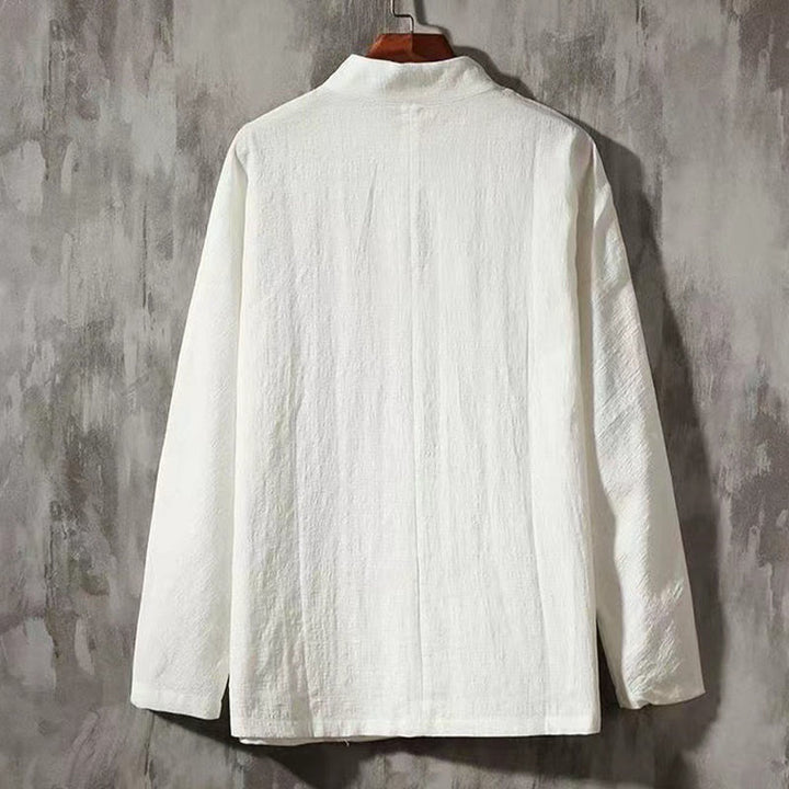 Camicia a maniche lunghe da uomo Buddha Stones Tang con bottone a rana e tasca, colletto alla coreana, comoda camicia in lino