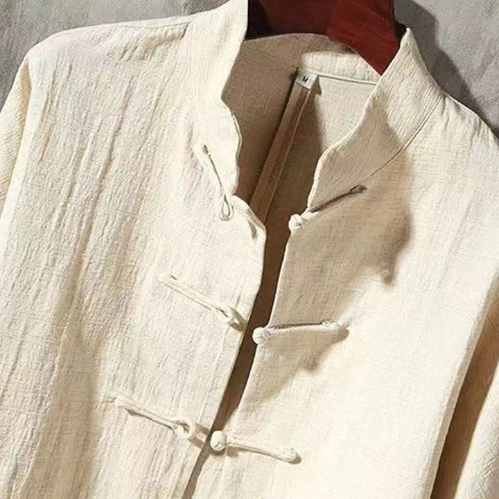 Camicia a maniche lunghe da uomo Buddha Stones Tang con bottone a rana e tasca, colletto alla coreana, comoda camicia in lino