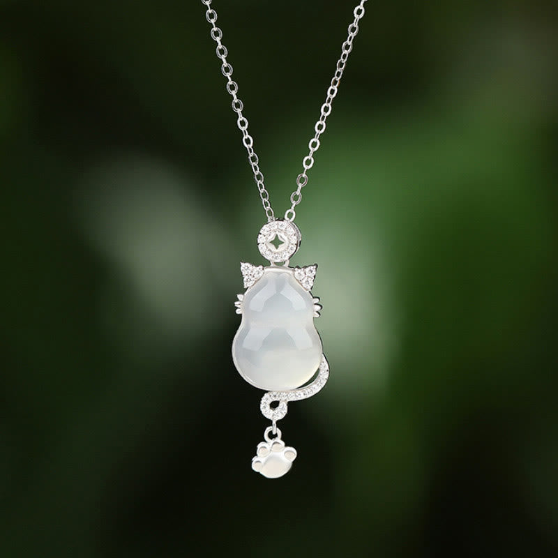 Collana con ciondolo di protezione per gatti, in argento sterling 925, oro 14k, giada bianca e zucca , Buddha Stones - Argento Sterling 925 - image 1