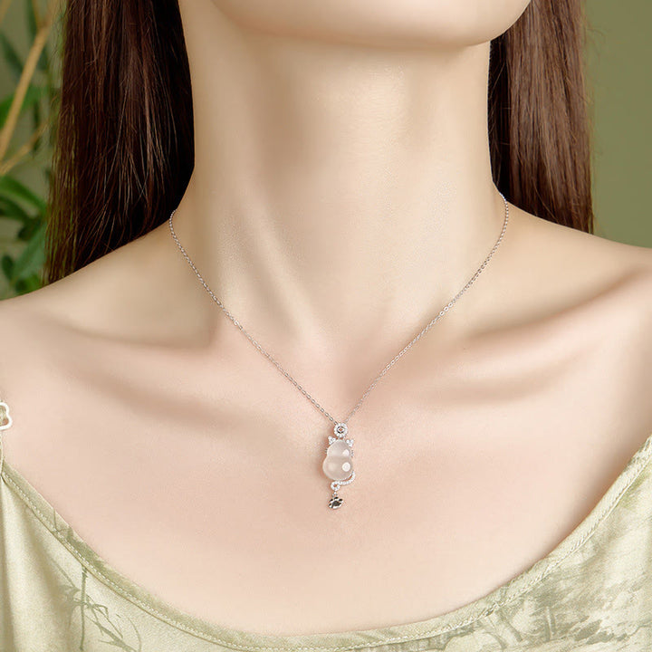 Collana con ciondolo di protezione per gatti in giada bianca e zucca, placcata in argento sterling 925 e oro 14k, con Buddha Stones - image 3