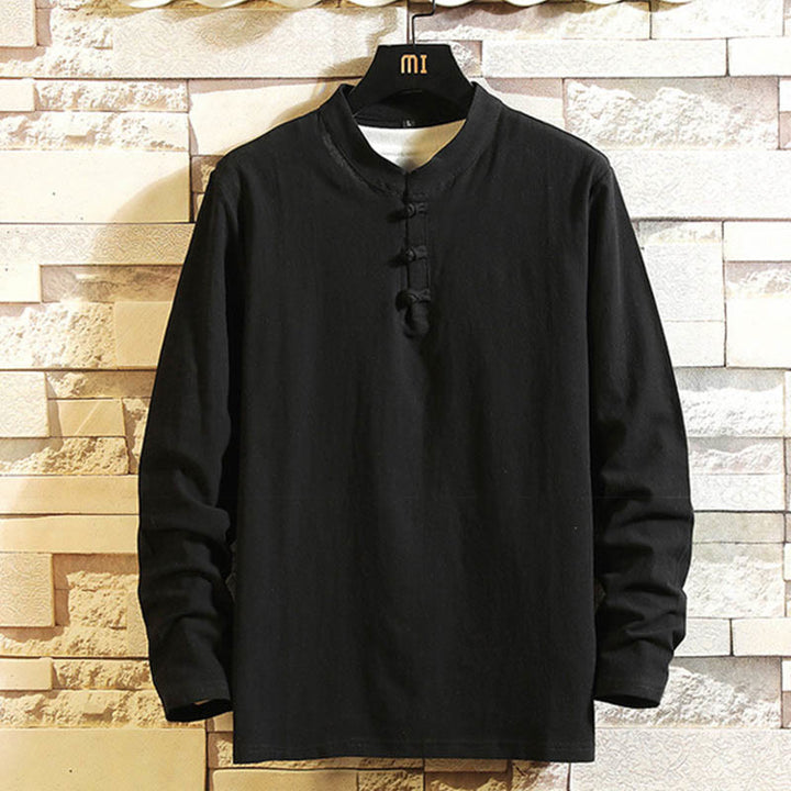 Buddha Stones Tang Suit Camicia a maniche lunghe con bottoni a forma di rana, pantaloni, in cotone, da uomo, colore puro