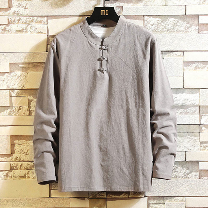 Buddha Stones Tang Suit Camicia a maniche lunghe con bottoni a forma di rana, pantaloni, in cotone, da uomo, colore puro