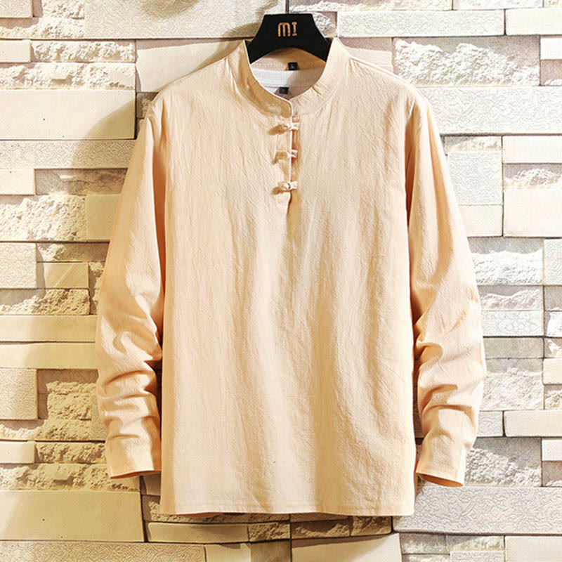 Buddha Stones Tang Suit Camicia a maniche lunghe con bottoni a forma di rana, pantaloni, in cotone, da uomo, colore puro