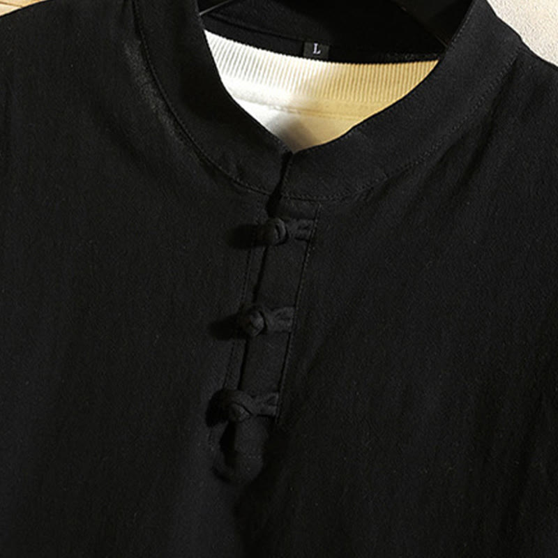 Buddha Stones Tang Suit Camicia a maniche lunghe con bottoni a forma di rana, pantaloni, in cotone, da uomo, colore puro