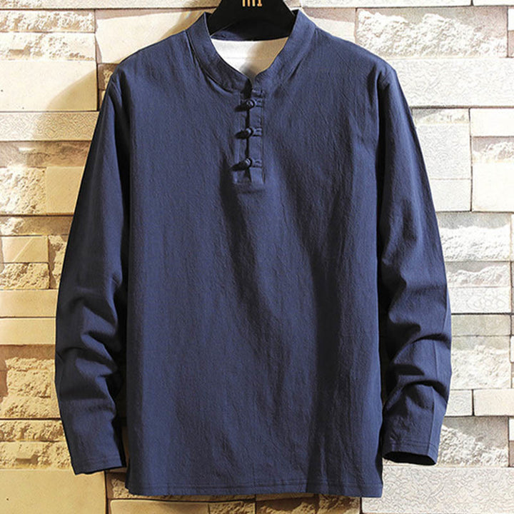 Buddha Stones Tang Suit Camicia a maniche lunghe con bottoni a forma di rana, pantaloni, in cotone, da uomo, colore puro