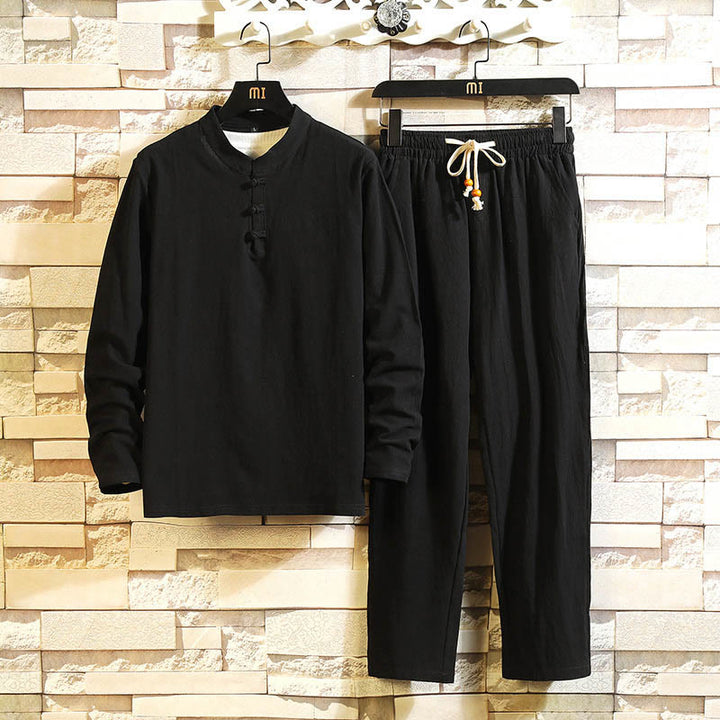 Buddha Stones Tang Suit Camicia a maniche lunghe con bottoni a forma di rana, pantaloni, in cotone, da uomo, colore puro