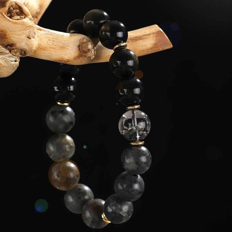 Buddha Stones 925 Sterling Silver Onice Nero Oro Lucente Ossidiana Roccia Lavica Occhio di Tigre Sei Vere Parole Bracciale Protezione Ricchezza