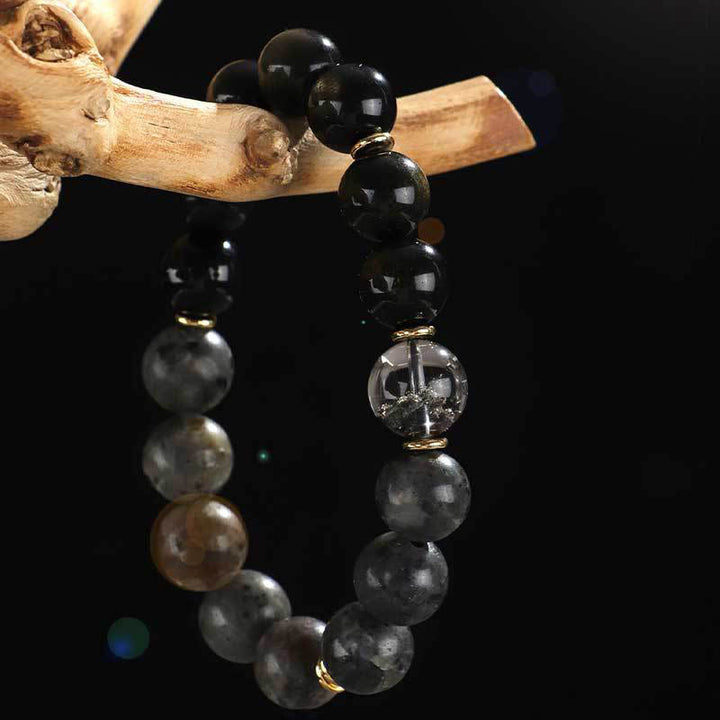 Buddha Stones 925 Sterling Silver Onice Nero Oro Lucente Ossidiana Roccia Lavica Occhio di Tigre Sei Vere Parole Bracciale Protezione Ricchezza