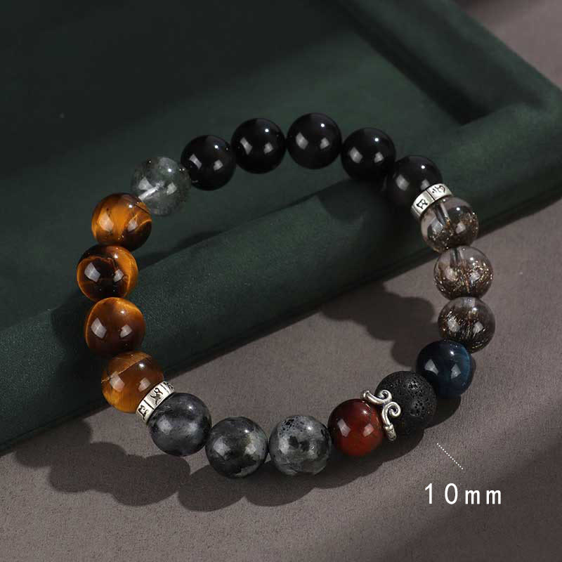 Buddha Stones 925 Sterling Silver Onice Nero Oro Lucente Ossidiana Roccia Lavica Occhio di Tigre Sei Vere Parole Bracciale Protezione Ricchezza