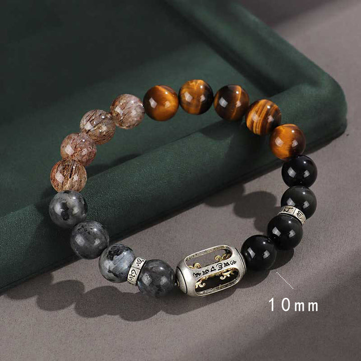 Buddha Stones 925 Sterling Silver Onice Nero Oro Lucente Ossidiana Roccia Lavica Occhio di Tigre Sei Vere Parole Bracciale Protezione Ricchezza - Sei parole vere (circonferenza del polso 14-16 cm) - image 0