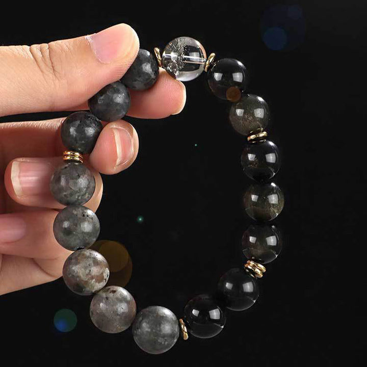Buddha Stones 925 Sterling Silver Onice Nero Oro Lucente Ossidiana Roccia Lavica Occhio di Tigre Sei Vere Parole Bracciale Protezione Ricchezza