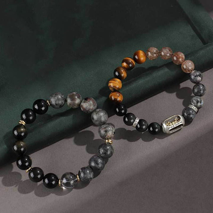 Buddha Stones 925 Sterling Silver Onice Nero Oro Lucente Ossidiana Roccia Lavica Occhio di Tigre Sei Vere Parole Bracciale Protezione Ricchezza