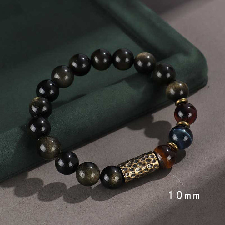 Buddha Stones 925 Sterling Silver Onice Nero Oro Lucente Ossidiana Roccia Lavica Occhio di Tigre Sei Vere Parole Bracciale Protezione Ricchezza - Occhio di tigre in ossidiana con riflessi dorati (circonferenza del polso: 14-16 cm) - image 12