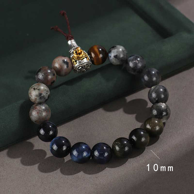 Buddha Stones 925 Sterling Silver Onice Nero Oro Lucente Ossidiana Roccia Lavica Occhio di Tigre Sei Vere Parole Bracciale Protezione Ricchezza