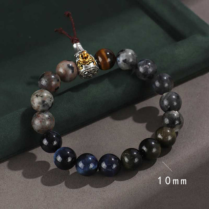 Buddha Stones 925 Sterling Silver Onice Nero Oro Lucente Ossidiana Roccia Lavica Occhio di Tigre Sei Vere Parole Bracciale Protezione Ricchezza