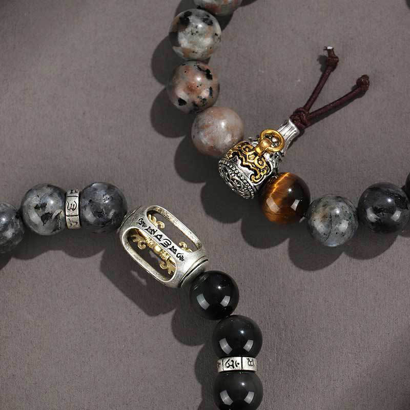 Buddha Stones 925 Sterling Silver Onice Nero Oro Lucente Ossidiana Roccia Lavica Occhio di Tigre Sei Vere Parole Bracciale Protezione Ricchezza