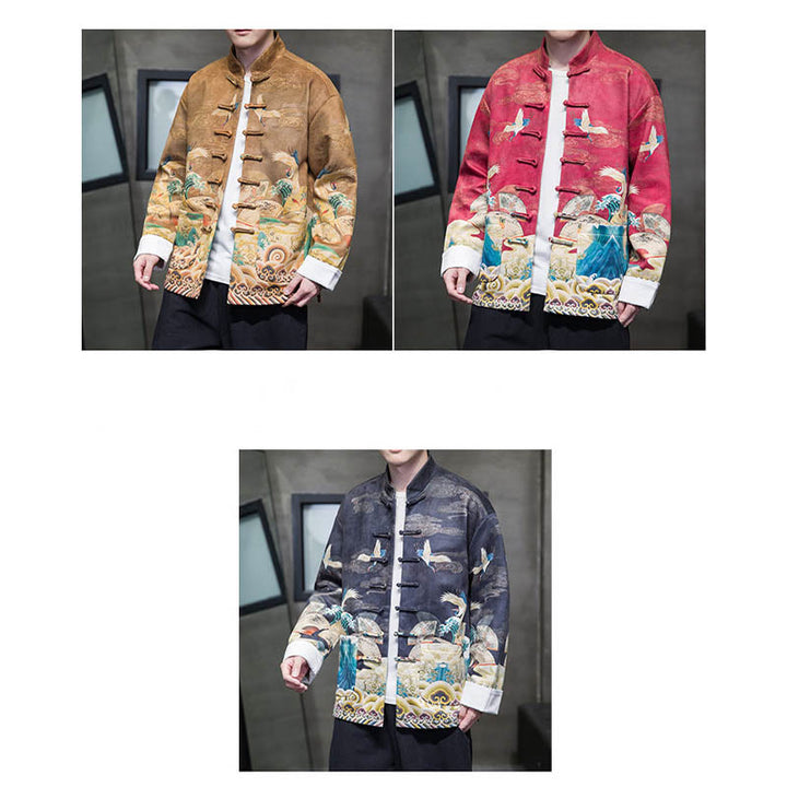 Buddha Stones Rana-Bottone Cinese Tang Suit Gru Personaggio Camicia Lunga Cotone Scamosciato Uomo Giacca Abbigliamento - image 29
