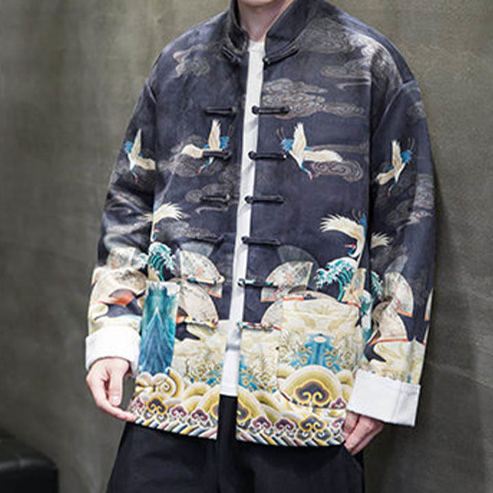 Buddha Stones Rana-Bottone Cinese Tang Suit Gru Personaggio Camicia Lunga Cotone Scamosciato Uomo Giacca Abbigliamento - image 9