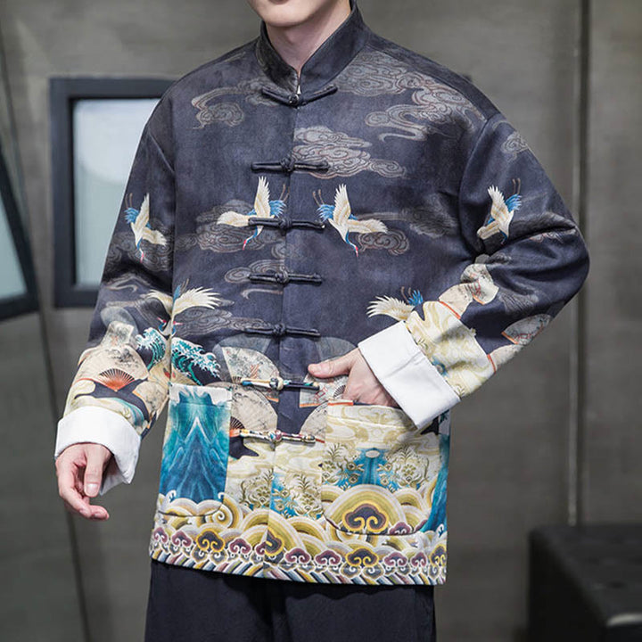 Buddha Stones Rana-Bottone Cinese Tang Suit Gru Personaggio Camicia Lunga Cotone Scamosciato Uomo Giacca Abbigliamento - image 12