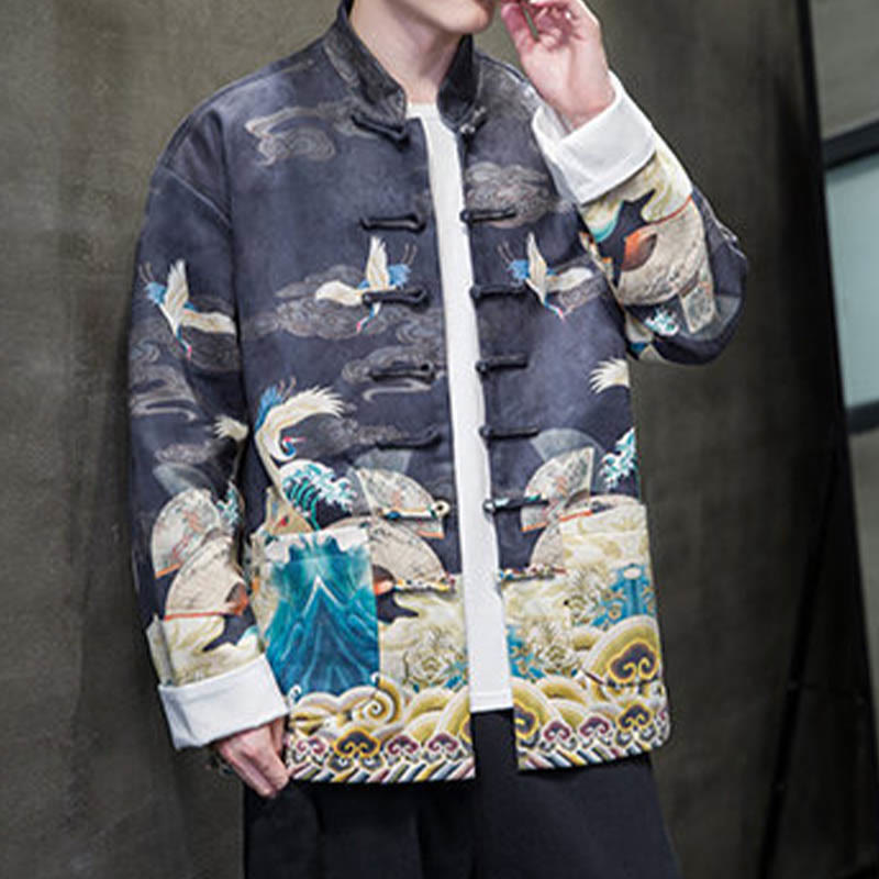 Buddha Stones Rana-Bottone Cinese Tang Suit Gru Personaggio Camicia Lunga Cotone Scamosciato Uomo Giacca Abbigliamento - image 11