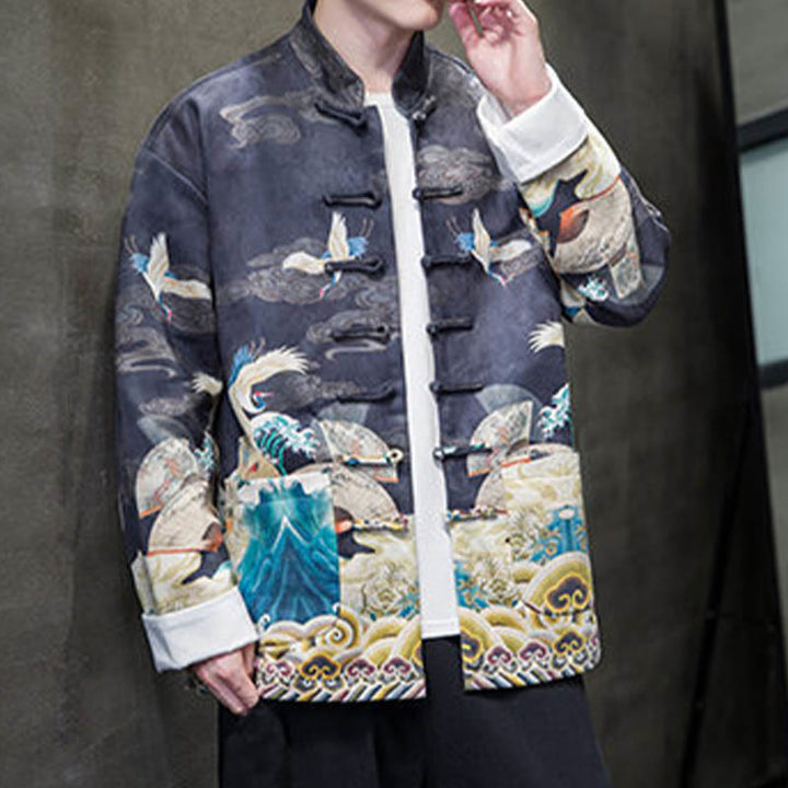 Buddha Stones Rana-Bottone Cinese Tang Suit Gru Personaggio Camicia Lunga Cotone Scamosciato Uomo Giacca Abbigliamento - image 11