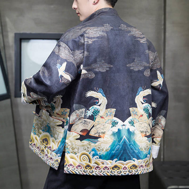 Buddha Stones Rana-Bottone Cinese Tang Suit Gru Personaggio Camicia Lunga Cotone Scamosciato Uomo Giacca Abbigliamento - image 10