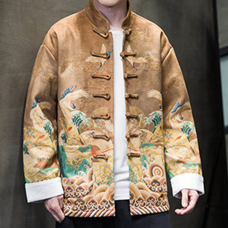 Buddha Stones Rana-Bottone Cinese Tang Suit Gru Personaggio Camicia Lunga Cotone Scamosciato Uomo Giacca Abbigliamento - image 7