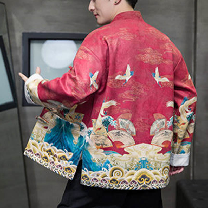 Buddha Stones Rana-Bottone Cinese Tang Suit Gru Personaggio Camicia Lunga Cotone Scamosciato Uomo Giacca Abbigliamento - image 19