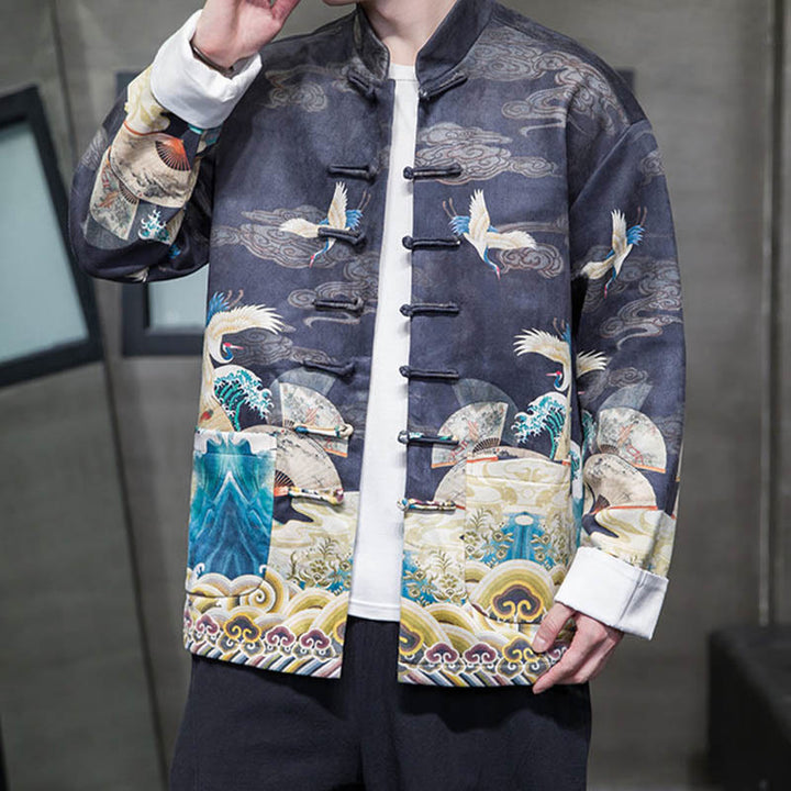 Buddha Stones Rana-Bottone Cinese Tang Suit Gru Personaggio Camicia Lunga Cotone Scamosciato Uomo Giacca Abbigliamento - Blu notte - US/UK/AU46, EU56 (5XL) - image 9