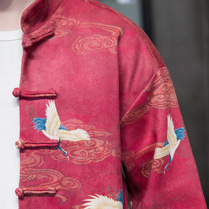 Buddha Stones Rana-Bottone Cinese Tang Suit Gru Personaggio Camicia Lunga Cotone Scamosciato Uomo Giacca Abbigliamento - image 24