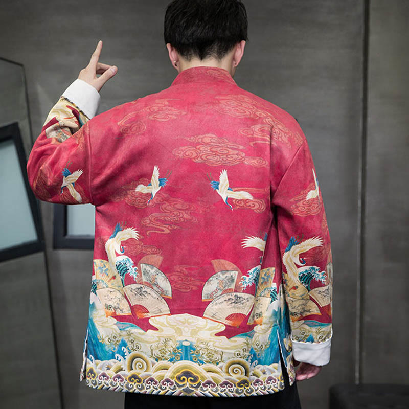 Buddha Stones Rana-Bottone Cinese Tang Suit Gru Personaggio Camicia Lunga Cotone Scamosciato Uomo Giacca Abbigliamento - image 19