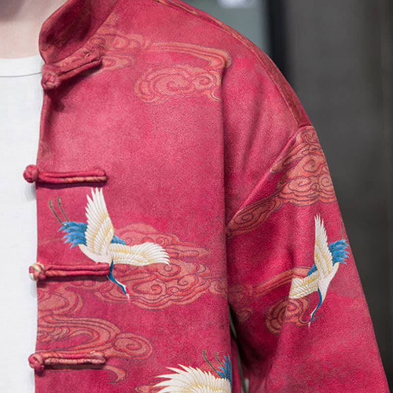 Buddha Stones Rana-Bottone Cinese Tang Suit Gru Personaggio Camicia Lunga Cotone Scamosciato Uomo Giacca Abbigliamento - image 24