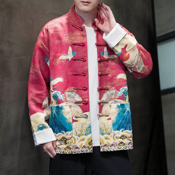 Buddha Stones Rana-Bottone Cinese Tang Suit Gru Personaggio Camicia Lunga Cotone Scamosciato Uomo Giacca Abbigliamento - Cremisi - US/UK/AU46, EU56 (5XL) - image 17