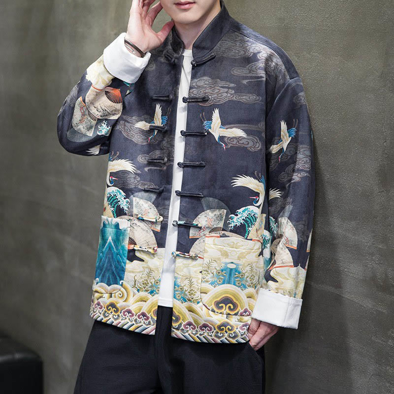 Buddha Stones Rana-Bottone Cinese Tang Suit Gru Personaggio Camicia Lunga Cotone Scamosciato Uomo Giacca Abbigliamento - image 15