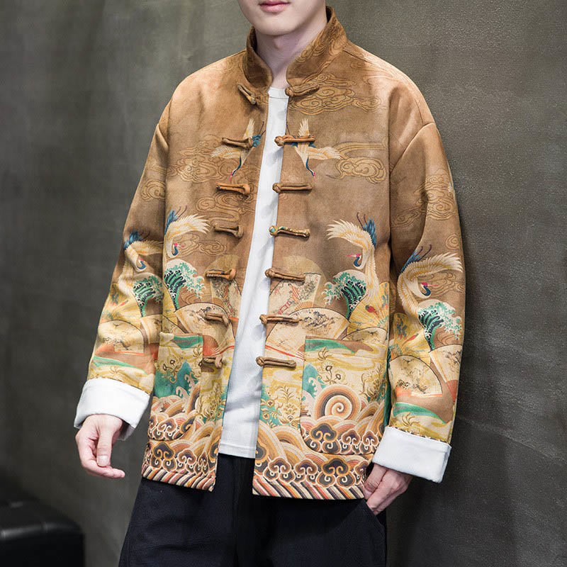 Buddha Stones Rana-Bottone Cinese Tang Suit Gru Personaggio Camicia Lunga Cotone Scamosciato Uomo Giacca Abbigliamento - Verga d'oro - US/UK/AU46, EU56 (5XL) - image 1