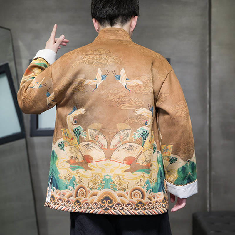 Buddha Stones Rana-Bottone Cinese Tang Suit Gru Personaggio Camicia Lunga Cotone Scamosciato Uomo Giacca Abbigliamento - image 4