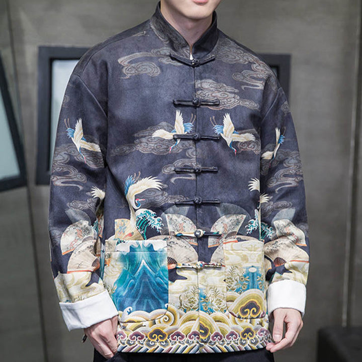 Buddha Stones Rana-Bottone Cinese Tang Suit Gru Personaggio Camicia Lunga Cotone Scamosciato Uomo Giacca Abbigliamento - image 14