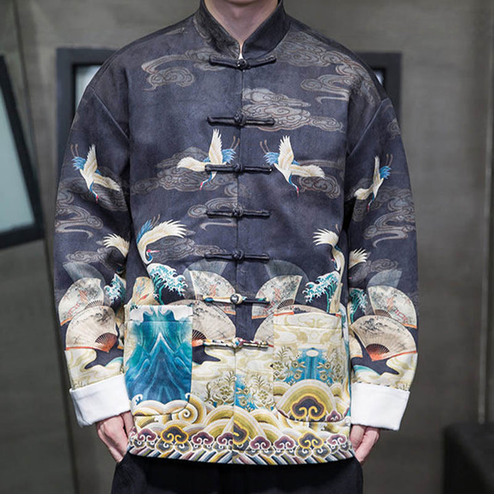 Buddha Stones Rana-Bottone Cinese Tang Suit Gru Personaggio Camicia Lunga Cotone Scamosciato Uomo Giacca Abbigliamento - image 14