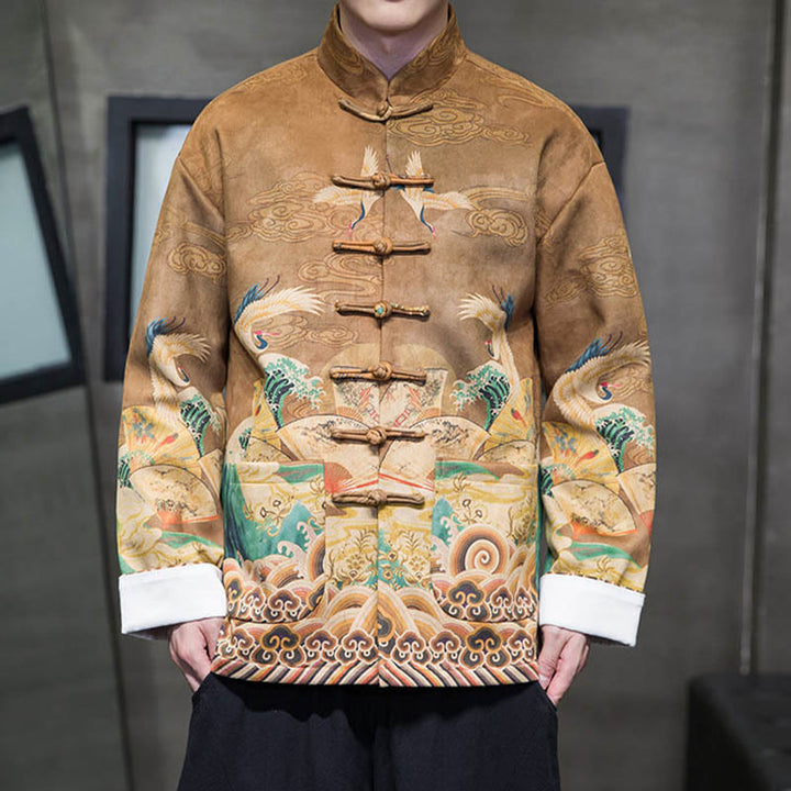 Buddha Stones Rana-Bottone Cinese Tang Suit Gru Personaggio Camicia Lunga Cotone Scamosciato Uomo Giacca Abbigliamento - image 4