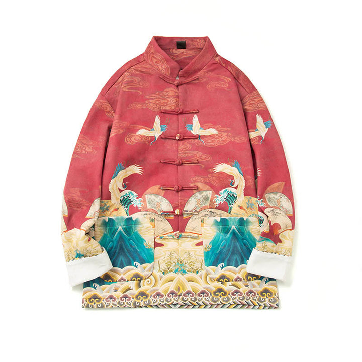 Buddha Stones Rana-Bottone Cinese Tang Suit Gru Personaggio Camicia Lunga Cotone Scamosciato Uomo Giacca Abbigliamento - image 27