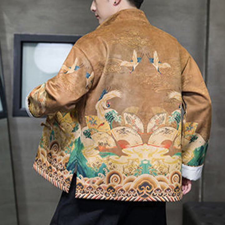 Buddha Stones Rana-Bottone Cinese Tang Suit Gru Personaggio Camicia Lunga Cotone Scamosciato Uomo Giacca Abbigliamento - image 3